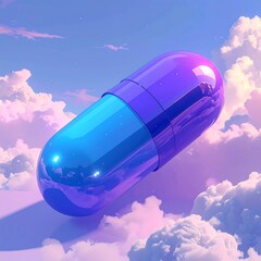 A vibrant capsule floats among pastel clouds