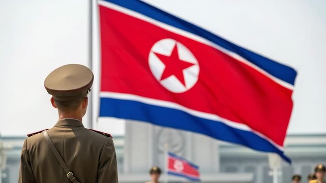 Rear view of a male soldier in a military uniform standing at attention in front of the North Korean flag during a ceremony.