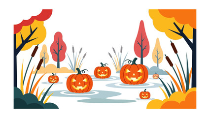 Pumpkin Patch Gathering: A vibrant illustration captures the essence of a spooky Halloween scene, with carved pumpkin lanterns floating serenely on a tranquil pond.