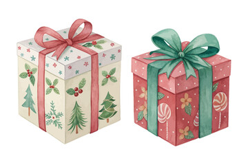 Watercolor Christmas Gift Box with Ribbon and Bow vector illustration isolated on white background