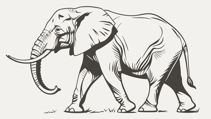 African Elephant Walking Line Art Wildlife Illustration Monochrome Graphic Design Element.