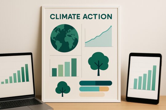 Climate action infographic with charts and trees displayed on poster, laptop, and tablet on light background with modern abstract style.. Ai generative