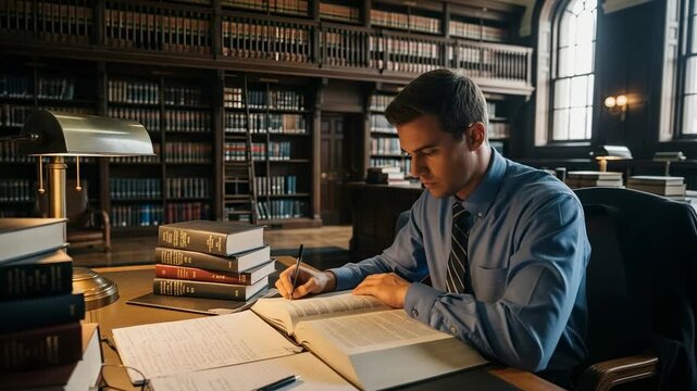 Focused young male student diligently studying and writing notes in a classic, traditional university law library.