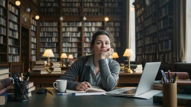 Exhausted Caucasian female student sitting at a desk with a laptop and books in a traditional academic library, looking tired and bored.