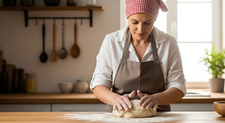 Woman Baker Kneading Dough in Kitchen.