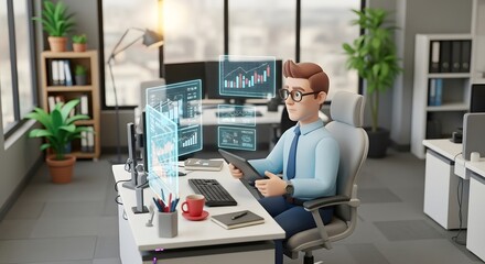Data Visualization A 3D Character Analyzes Charts in a Modern Office Space