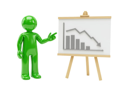 Isolated green figure showing business graph on display stand, financial downturn, loss