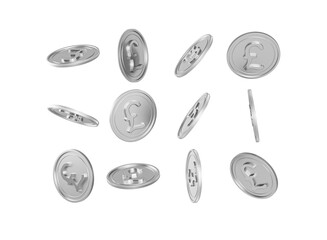Falling silver British Pound sterling coins on a black background