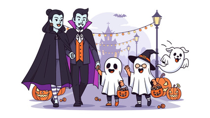 Spooky Halloween Stroll: A family of costumed individuals and spirits take to a festive, decorated street. They embody the spooky ambiance of the event.