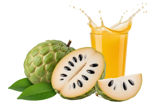 Freshly squeezed cherimoya juice, with a whole fruit and sliced segments, splashing into a glass.
