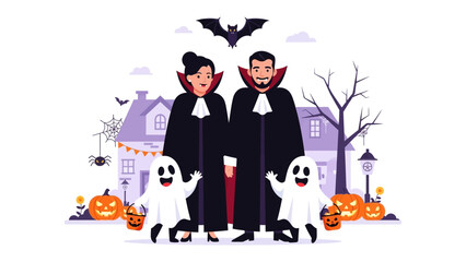 Halloween Family's Spooky Outing: An illustrative portrayal of a family embracing Halloween traditions, each element radiating festive vibes against a whimsical backdrop.
