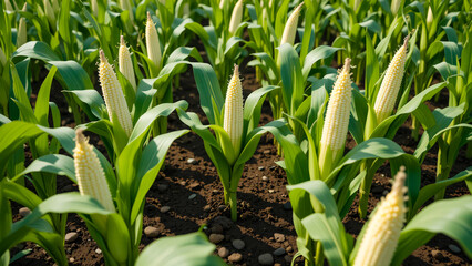 Obraz premium Close Up View Of Young Corn Stalks With Developing Ears Of Corn In A Sunlit Agricultural Field