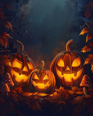 Halloween Floral Frame with Pumpkins and Mushrooms, cinematic rim lighting, ultra-detailed 8k