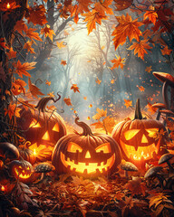 Halloween Floral Frame with Pumpkins and Mushrooms, cinematic rim lighting, ultra-detailed 8k