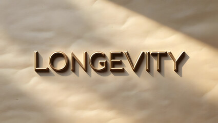Golden word LONGEVITY embossed on textured surface