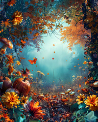 Halloween Floral Frame with Pumpkins and Mushrooms, cinematic rim lighting, ultra-detailed 8k