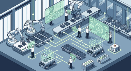 Obraz premium Vector design of industrial automation with robots and AI technology. Smart factory conveyor belt operated by robotic arms and self-driving mobile robots