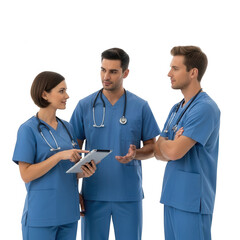 Three medical professionals in blue scrubs discussing patient information on a tablet isolated on transparent background
