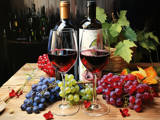 Gorgious Top view wine bottle with glass on wooden background