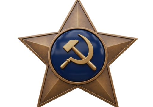 Isolated Hammer and Sickle badge, symbol of Communism and Soviet Union on star emblem