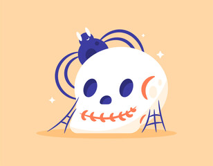 Halloween celebration element. Illustration of a skull with a spider or tarantula and a spider web. Symbol, asset, concept, festival, event. Flat style design. Orange background.