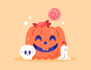 Halloween celebration elements. Illustration of a pumpkin head with candy, skull, and candles. Jack o lantern. Symbol, asset, concept, festival, event. Flat style design. Orange background