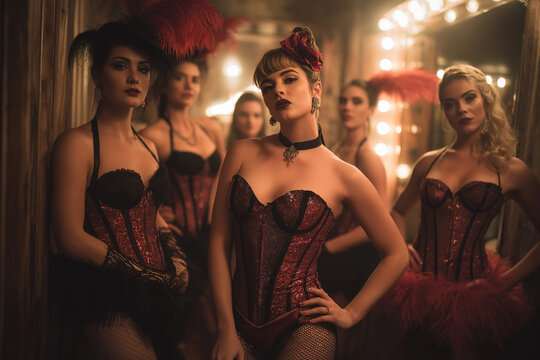 Group of women posing in vintage cabaret attire with dramatic lighting  