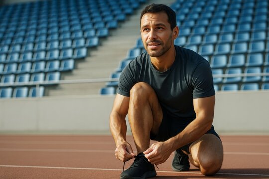 Athletic man tying shoelaces on stadium track with empty blue seats in background, preparing for run or workout in morning sunlight. Ai generative