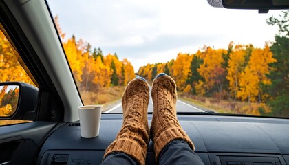 Cozy Autumn Road Trip with Feet on Dashboard and Coffee.