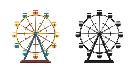 Colorful ferris wheel illustration presented alongside its black and white outline © mst