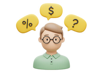 Isolated avatar of cartoon man with dollar sign and percentage financial questions