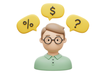 Isolated avatar of cartoon man with dollar sign and percentage financial questions