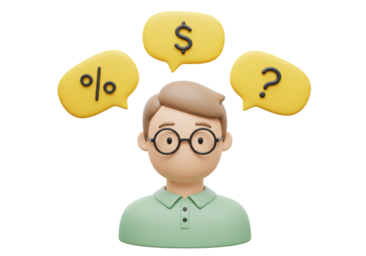 Isolated avatar of cartoon man with dollar sign and percentage financial questions - Powered by Adobe