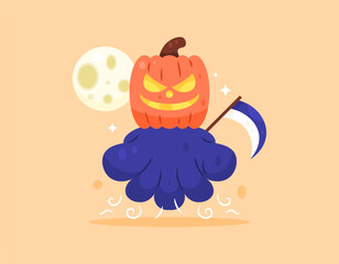 Halloween celebration elements. illustration of a ghost pumpkin head ghost carrying a scythe. Jack o Lantern is cute and adorable. Symbol, asset, concept, festival, event. Flat style design. Orange 