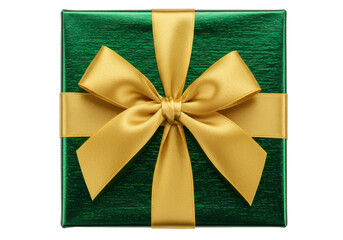 Isolated shimmering emerald green present box tied with shiny golden ribbon and bow for holiday