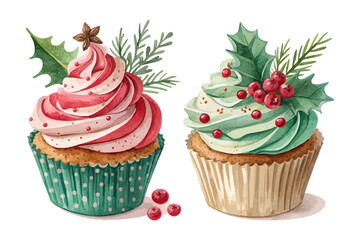 Watercolor Christmas Cupcake with Frosting vector illustration