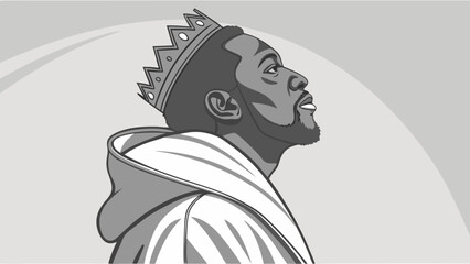 King Crown Hoodie Man Profile Portrait Black and White Monochrome Vector Illustration Graphic Design Royalty Leadership Power Success Ambition Masculine Stylish Elegant Abstract.