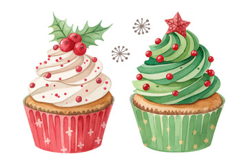 Watercolor Christmas Cupcake with Frosting 