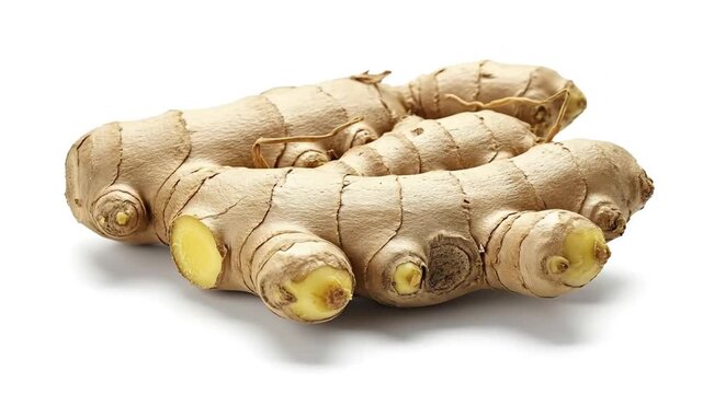 A ginger root featuring its rough skin various knots and cut edges revealing the yellow flesh