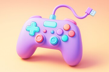 Colorful stylized game controller mockup in pastel purple and cyan tones with USB cable on clean peach background for playful branding layout. Ai generative