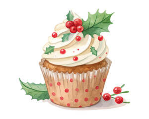 Watercolor Christmas Cupcake with Frosting vector illustration isolated on white background