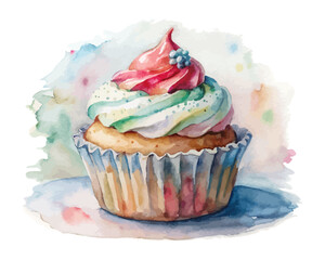 Watercolor Christmas Cupcake with Frosting 