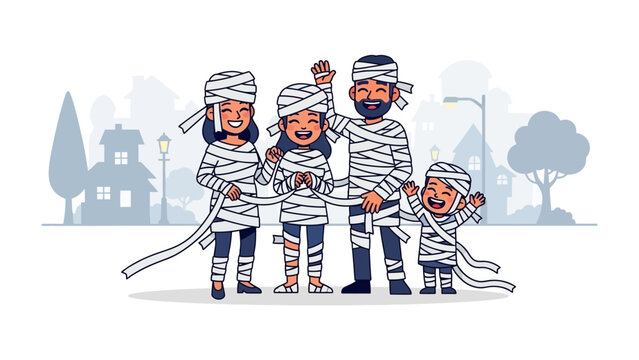 family dressed as mummies, halloween celebration clip art preview
