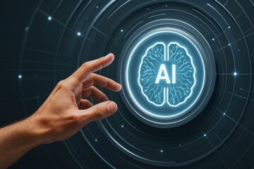 Human hand interacting with glowing AI brain icon on digital interface, symbolizing artificial intelligence technology and innovation concept.