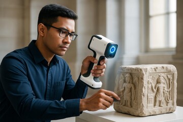 Fototapeta premium Man using handheld 3D scanner to digitally analyze ancient stone artifact in museum setting, showcasing modern technology in archaeology concept. Ai generative