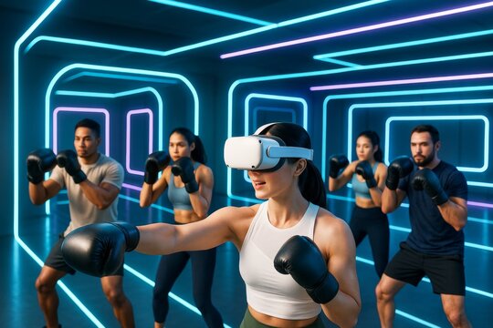 Group of people boxing in virtual reality using VR headsets and gloves in futuristic neon light gym with abstract technology background setting. Ai generative