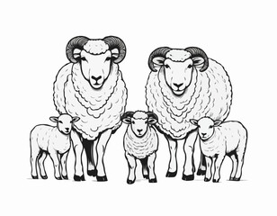 Sheep Ram Lamb family hand drawn sketch Vector illustration Farming