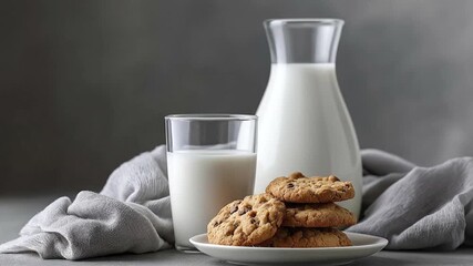 A glass of milk with a milk pitcher and a stack of three chocolate chip cookies on a white plate