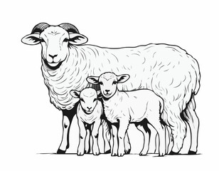 Sheep Ram Lamb family hand drawn sketch Vector illustration Farming