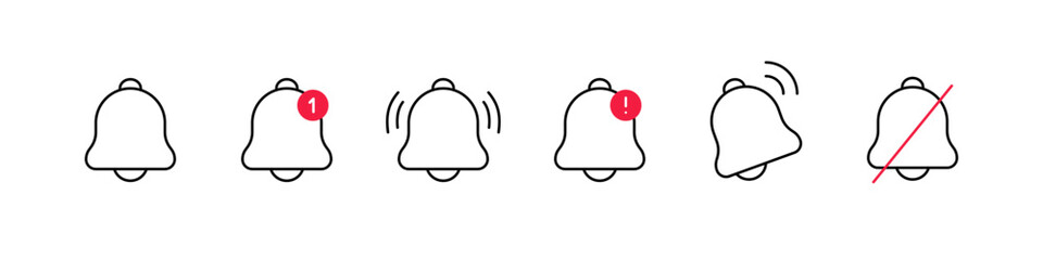 Notification bell icon set. Alert, reminder, alarm, message, notifications, updates, attention signals symbols. Vector illustration.
